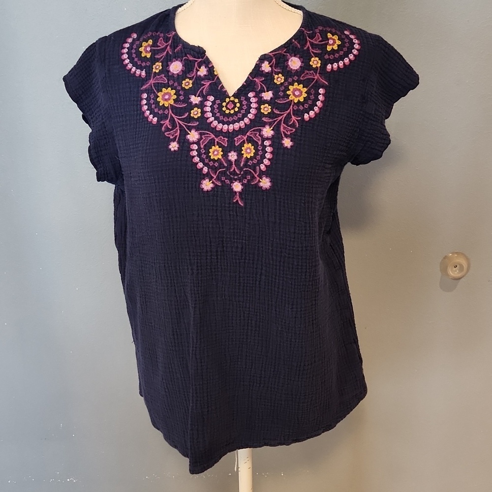 JCPenny VTG Y2K Boho Floral Embrodiery Cap Sleeve Textured Material Flowy Blouse